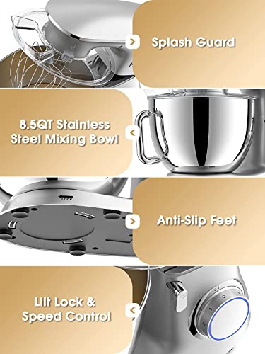 Facelle Stand Mixer, 8.5 Quart Electric Mixer, 660W 6-Speed Tilt-Head Kitchen Electric Food Mixer With Beater, Dough Hook And Wire Whip, Silver #TOP4