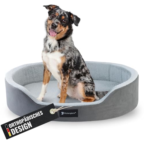 Pfotenglanz Orthopädisches Hundebett Hundekorb mittelgroße Hunde Hundekissen waschbar mit Kaltschaum Matratze in grau. 85x65 cm Hundesofa rutschfest Körbchen Hund Tier Kuschelbett flauschig rund (S)