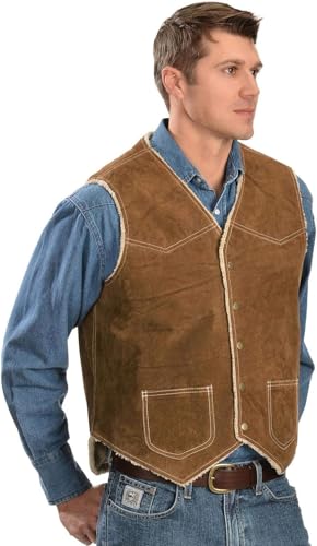 Mens Old Western Style Cowboy Suede Leather Sherpha Vest : Western Yokes Leather Vest2