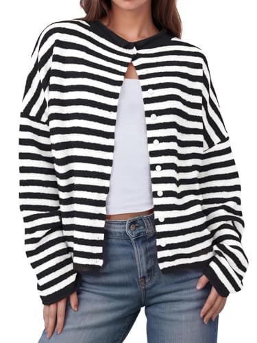 UNCLECAT Womens Striped Cardigan Sweater Casual Button Up Knit Tops Long Sleeve Sweaters Open Front Top Fall Coats Black