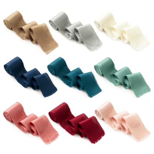 Assorted Silk Satin Ribbon 1-1/2 Inch x 27 Yards Handmade Fringe Silky Chiffon Frayed Fabric Ribbons for Flower Bouquet, Gift Wrapping, Wedding, Crafts, Bridal Shower, Baby Shower, Christmas