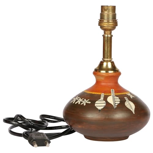 Image of AAKRITI ART CREATIONS Terracotta Table Lamp for Study Room, Bedroom & Living Room Decoration | Floral Hand-Painted Leaf Motif Bedside Lamp with Cotton Fabric Shade | Aesthetic Night Lamp