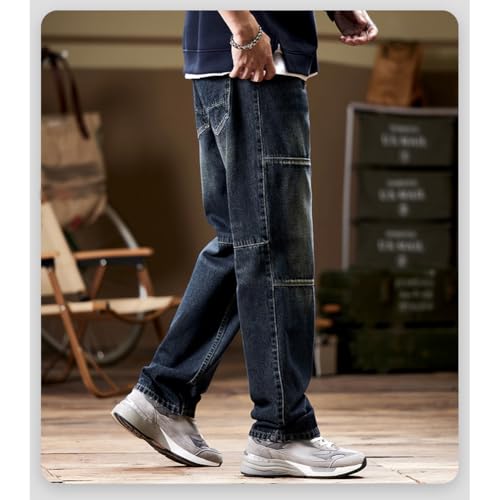 Straight Leg Jeans for Men Loose Denim Trousers Vintage Streetwear with Flap Pockets2