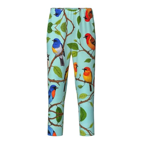Pajama Pants Pajama Bottoms with Elastic Waistband Sleepwear Lounge Pants, Colorful Birds Branches