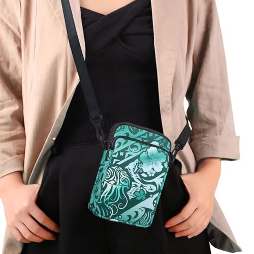Image of Hawaiian Tribal Small Crossbody Bags for Women Cell Phone Bag Purse, Sea Turtle Zipper Sling Purses Shoulder Bag