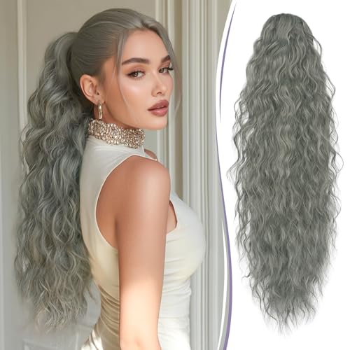 RUWISS Coleta Postiza Pelo Natural con Pinza Cola Postiza Larga Rizada Ondulado Cola de Caballo Sintético Coleta Postizos para Mujeres, 76 cm Gris