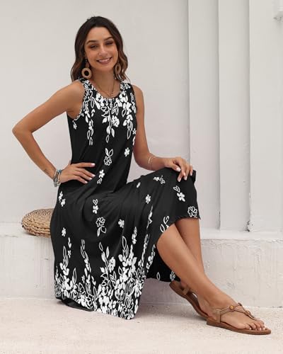 Image of AUSELILY Women's Summer Dresses Casual Sleeveless Midi Tank Beach Dress | Women's Asymmetrical Hem Sundress with Side Pockets, Great for Beach, Vacation & Daily Wear