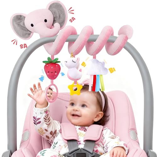 Image of Spiral Car Seat Toys for Baby Girls 0-6 Months, Cute Pink Elephant Strawberry Stuff, Perfect Newborn Shower Gifts for Girls Essentials