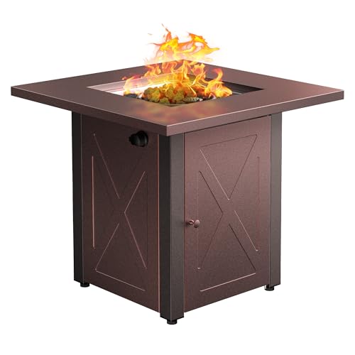 LEGACY HEATING Propane Fire Pit Table 28\" Outdoor Gas Fire Pit Table, 50000 BTU 28 inch Square Fire Table with Lid & Lava Rock, Brown Texture, for Outside Patio Yard Party Garden and Lawn
