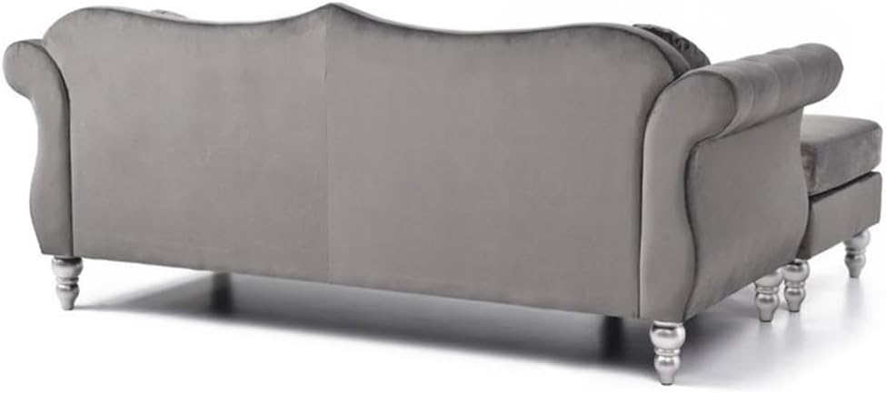 Pemberly Row Contemporary Velvet Sofa Chaise, 81" W x 35" D x 34" H, Dark Gray Finish, Tufted Back, Flared Arms, Turned Legs, Hardwood Frame, 2 Matching Throw Pillows, Living Room Seating for 4