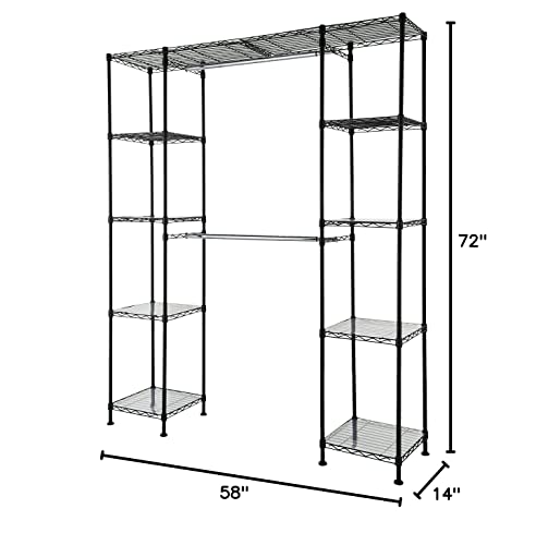 Amazon Basics Expandable Metal Hanging Storage Organizer Rack Wardrobe With Shelves, 14"-63" X 58"-72", Black #TOP5