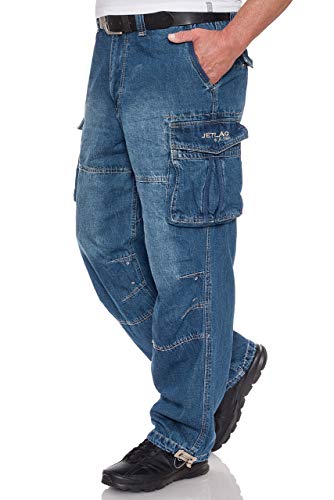 JET LAG Men's Cargo Jeans Casual Trousers Work Trousers Relaxed Fit Wide Leg - Blue - W31