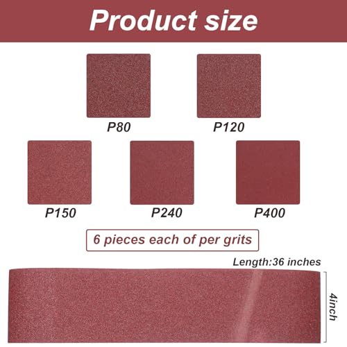 Image of Blulu 66 Pieces Sanding Belts and Sanding Discs Set Includes 4 x 36 Inch Belts (80 /120 /150 /240 /400 Grits) and 6 Inch Self Adhesive No Hole Alumina Disc for Bench Combination Sander Woodworking
