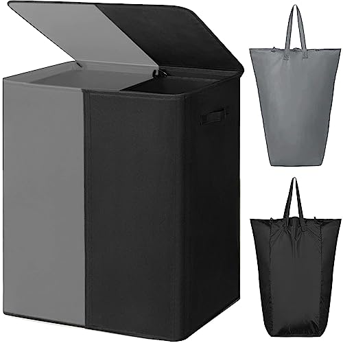 WOWLIVE 154L Cesto doble para la ropa con tapa cesto grande para la ropa y bolsas extraíbles para la ropa cesto grande plegable con 2 separadores con asas para dormitorio lavadero armario (gris+negro)