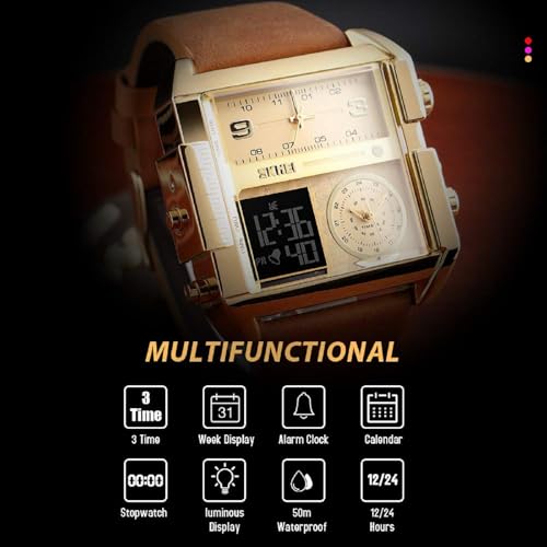 Image of SKMEI Men's Digital Sports Watch, LED Square Large Face Analog Quartz Wrist Watch with Multi-Time Zone Waterproof Stopwatch