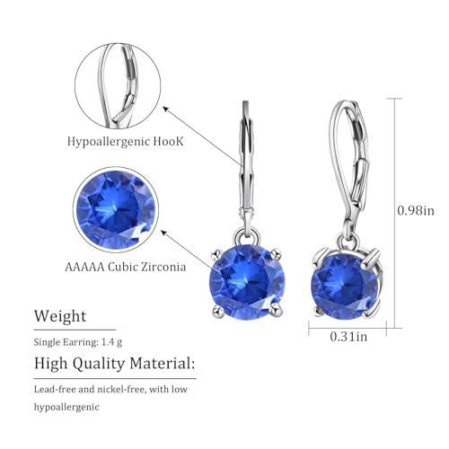 8MM Round Crystal Leverback Earrings, Vintage Style Birthstone Jewelry for Women, Sapphire, Garnet, Emerald Fashion Drop Dangle Earrings4