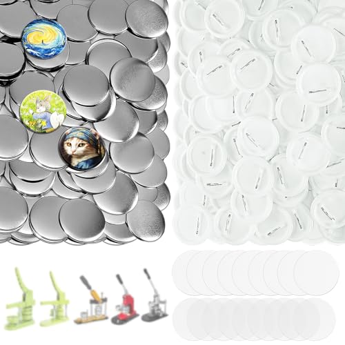 KUNTAERY 200 Sets 2.25 Inch Button Maker Supplies, 58mm Round Badge Parts with Metal Covers, Plastic Pin Backs, Clear Film & Blank Paper, Perfect for Button Maker Machine & Badge Press