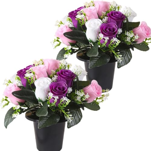 Etomvoop 2pcs Grave Flower In Pot 12 Heads Artificial Rose Fake Funeral Floral for Memorial Cemetery Christmas Decorative