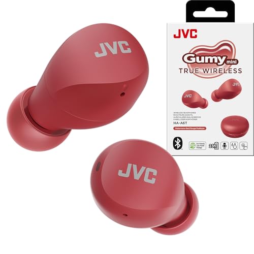 JVC Compact and Lightweight Gumy Mini True Wireless Earbuds Headphones, Long Battery Life (up to 23 Hours), Sound with Neodymium Magnet Driver, Water Resistance (IPX4) - HAA6TR (Red)