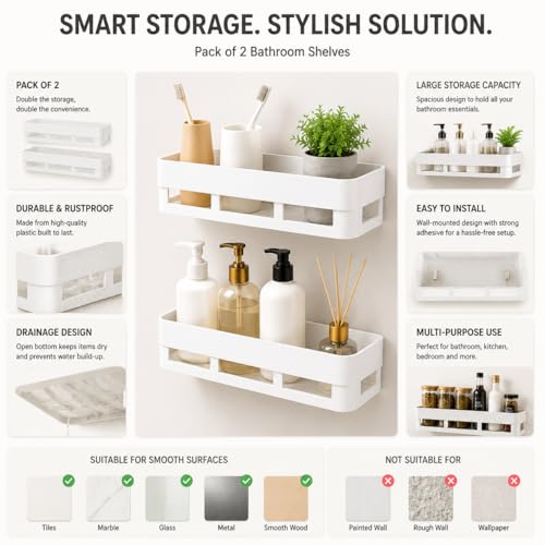 Image of Bathroom Organiser Without Drill Bathroom Shelves & Accessories Bathroom Organiser Self Adhesive Bathroom Shelf Bathroom Racks and Shelves Stand(Pack of 2)