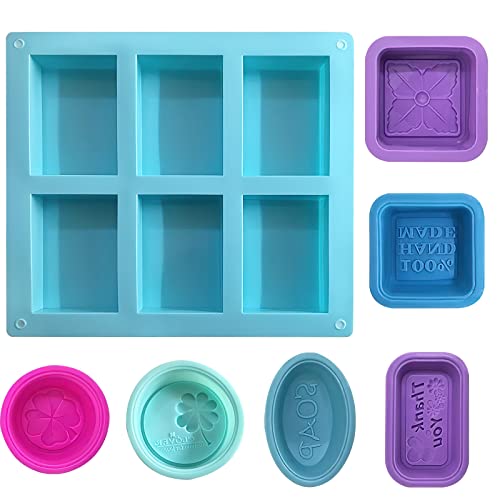 Moldes de jabón de silicona, 7 unidades, forma rectangular de jabón (6 huecos), molde de silicona, herramientas ovaladas, cuadradas, redondas, hechas con patrones, moldes para hacer jabón, jabones DIY Cover