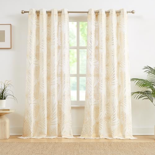 Ronaldecor Gold Foil Leaf Linen Curtains 84 Inch Length for Living Room Bedroom Tropical Botanical Farmhouse Semi Sheer Drapes Light Filtering Grommet Top Window Panels W52Inch, 2 Panels