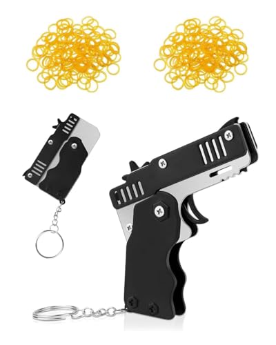 SCJJZ 2 pcs gummi Pistole,Mini-Gummibandpistole aus Metall,klappbar,mit Schlüsselanhänger und 120 Gummibändern, Metal Folding Schlüsselbund für Outdoor-Aktivitäten für Kinder