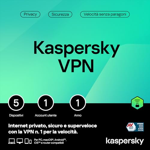 Kaspersky VPN Secure Connection | 5 Dispositivi | 1 Utente | 1 Anno | PC/Mac | Codice d’attivazione via email