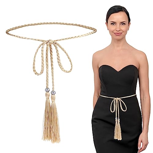 Women's Thin Braided Belt Trendy Boho Thin Belt Waistband Tassel Braided Waist Belt for Skirt Dress