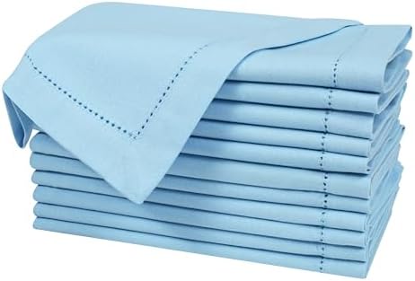 Bedding Craft Cloth Dinner Napkins Set of 12 – 18x18 Airy Blue Linen-Look Hemstitched – Soft Machine Washable Reusable Napkins for Weddings, Parties & Elegant Table Settings