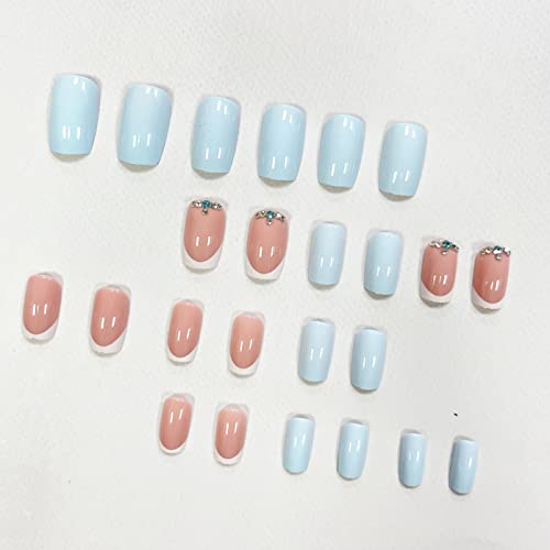 Square Press On Nails French Tip Short False Nails With Rhinestones Designs Summer Acrylic Fake Nails Light Blue Glue On Nails Holiday French Tip Nails Glossy Stick On Nails For Women Girls Nail Art #TOP1