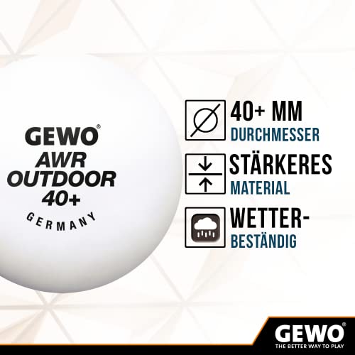 Foto von GEWO AWR Outdoor 40+ Tischtennisbälle - Wasserabweisende Plastik Outdoor Tischtennis Bälle für draußen - Hochwertige, wetterbeständige Trainings Tischtennisbälle, 40+mm Durchmesser, 6er Pack, weiß