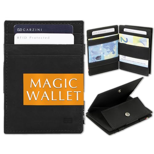 GARZINI Magic Wallet, RFID Geldbeutel für Herren aus echtem Leder für 7 Karten und Münzfach, Mini Geldbörse als Geschenk für Männer, Carbon Black