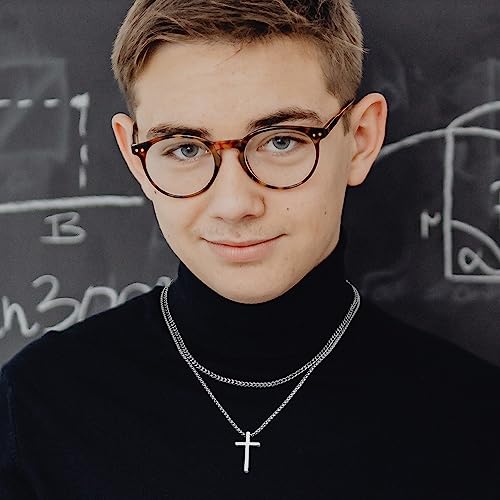 Fathers Day Necklaces Gifts For Dad - Stainless Steel Silver Layered Cuban Chain Cross Pendant Necklace For Women Teen Girls Jewelry Gifts Necklace For Men 16 18 Inch Mens Gifts For Boy Chains For Men #TOP2