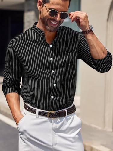 BAYAMO Men's Banded Collar Stripe Shirt, Linen Cotton Mandarin Collar Long Sleeve Button Down Shirts Collarless Tops(Black, L) - image 3