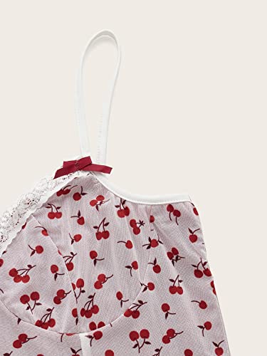Soly Hux Women's Cherry Print V Neck Summer Cami Top Bow Lace Trim Sleeveless Summer Crop Tops Red And White L #TOP3