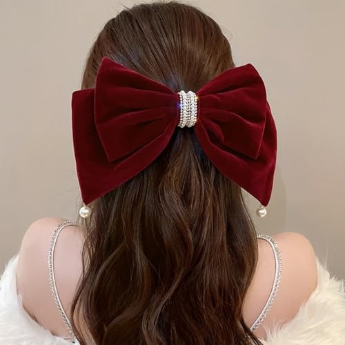Pinza para el pelo con lazo grande de raso rojo y perlas de alta sujeción