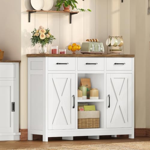 Image of TEENFON Storage Cabinet, Coffee Bar Cabinet with 3 Drawers, 2 Adjustable Shelves & 2 Doors, Buffet Cabinet, Kitchen Cabinet for Kitchen, Dining Room, Living Room, White