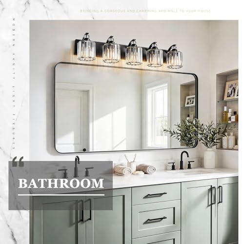 Zqoyn 5-Light Black Bathroom Light Fixture Modern Vanity Lights Over Mirror Vintage Wall Sconce Lighting for Bathroom, Bedroom, Living Room, Hallway E26 Base with Crystal Bathroom Vanity Light by Zqoyn - Used condition - Image 2