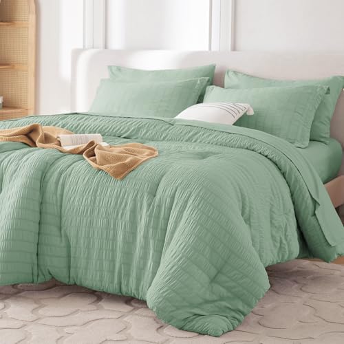Image of MUXHOMO 7 Pieces Oversized King Comforter Set, Seersucker Bed in a Bag Oversized King Size, All Season Luxury Bedding Set with Comforter, Flat Sheet, Fitted Sheet, Pillowcases & Shams, Sage Green