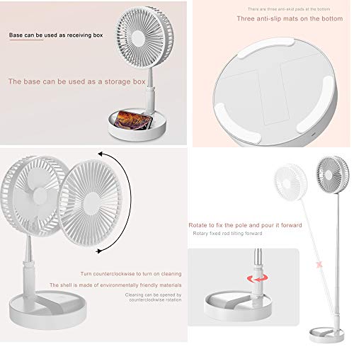 Folding Pedestal Stand Fan Mini Telescopic Fan USB Rechargeable Table Floor Fan Built-in 7200mAh Battery 4 Speeds Adjustable Height and Head Great for Office Home Outdoor Camping White - Thumbnail 2
