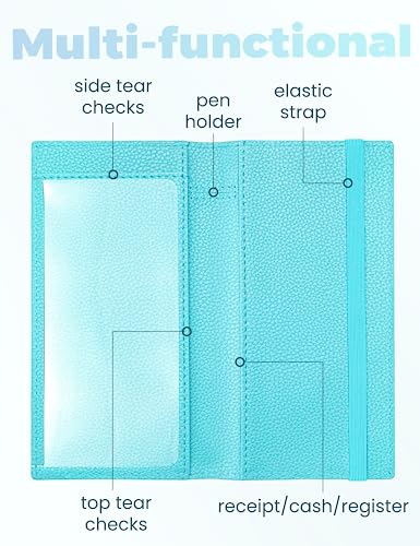 Image of Yarnic Checkbook Cover for Personal Checkbook, Checkbook Holder with Pen Holder & Built-in Clear Plastic Divider for Duplicate Checks (Pale Turquoise)