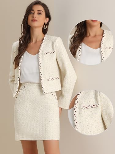 Allegra K 2 Piece Tweed Plaid Skirt Set for Women's Business Collarless Blazer and Mini Skirt Suit Sets2