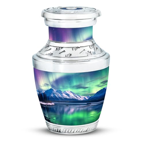 SUBSH Aurora Borealis Northern Lights Urn for Ashes Adult Male Over Mountains - Memorial Keepsake Urn for Ashes for Women - 3 Inch - Pack of 1 - Small Urns for Human Ashes Keepsake - Adult Urns
