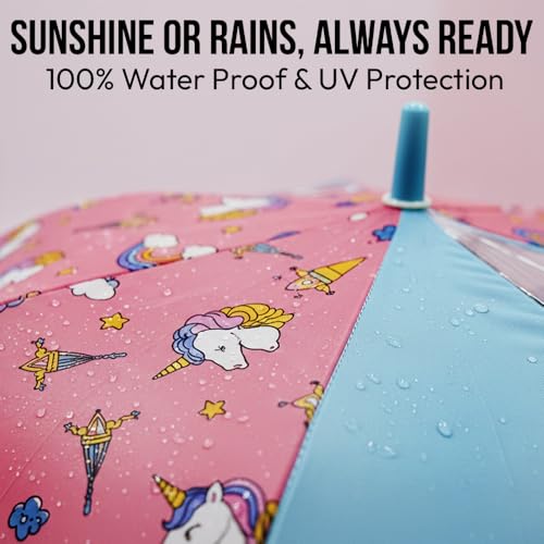 Image of RIRI Unicorn Print Umbrella for Girls & Kids | Cute Cartoon Folding Design | Waterproof Windproof | Lightweight Easy Grip for School, Travel & Rainy Days
