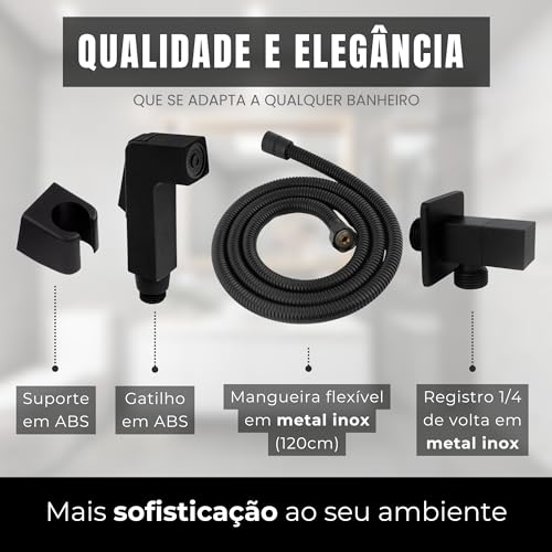 Ducha Higiênica Preto Fosco Quadrada Completa Black Edition, Bidê, Chuveiro Íntimo, Preta, Banheiro,