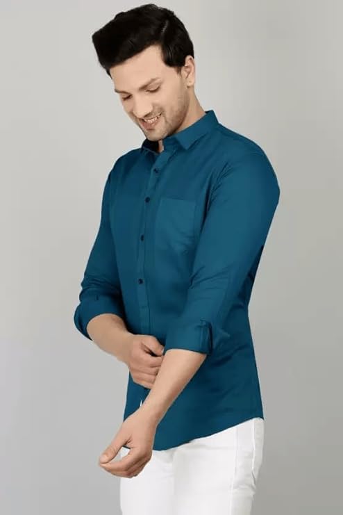 Image of Men's Slim Fit Cotton Casual Shirt with Full Sleeves and Spread Collar
