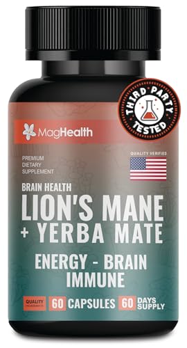 Lions Mane & Yerba Mate Capsules 4-in-1 Nootropic Supplement | Organic Lions Mane Mushroom for Focus Clean Energy (75mg Caffeine) + Ashwagandha & Black Pepper | 60 Day Supply