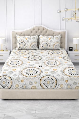 Image of 300 TC Cotton Feel Glace Cotton Elastic Fitted Bedsheet for King Size Double Bed | Fits up to 8 Inch Mattress | Printed Bedsheet with 2 Pillow Covers (Cream Brown, King Size - 72 inchx78 inch)