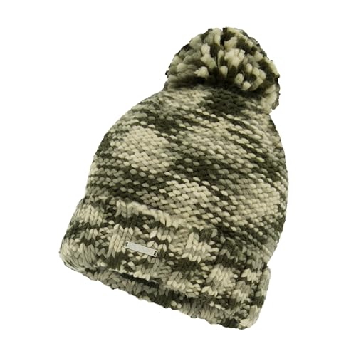 Spyder Womens Chunky Knit Pom Pom Beanie with Ribbed Cuff Olive One Size